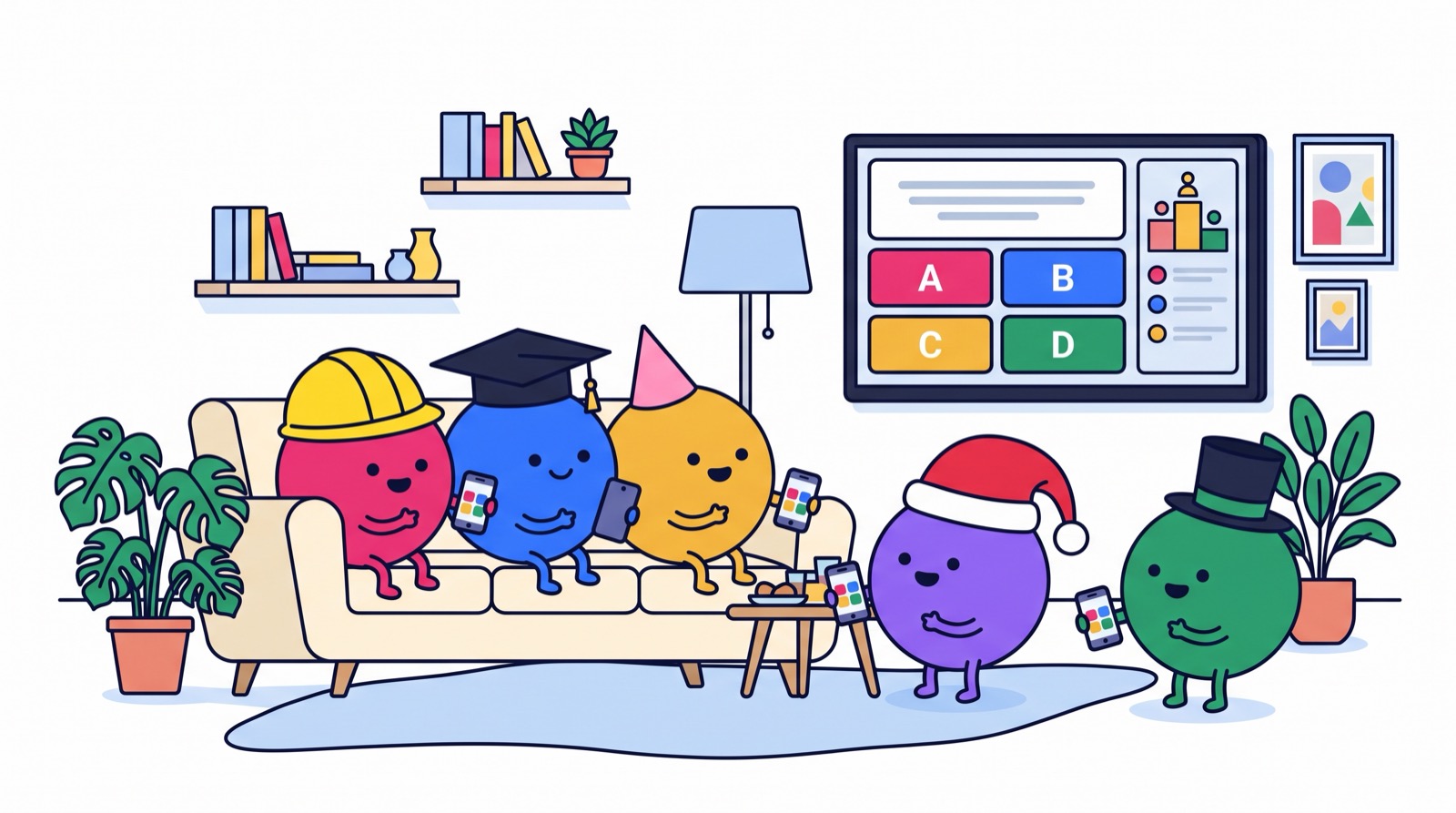 I personaggi di Quizhat con cappelli diversi giocano a un quiz dal telefono davanti alla TV
