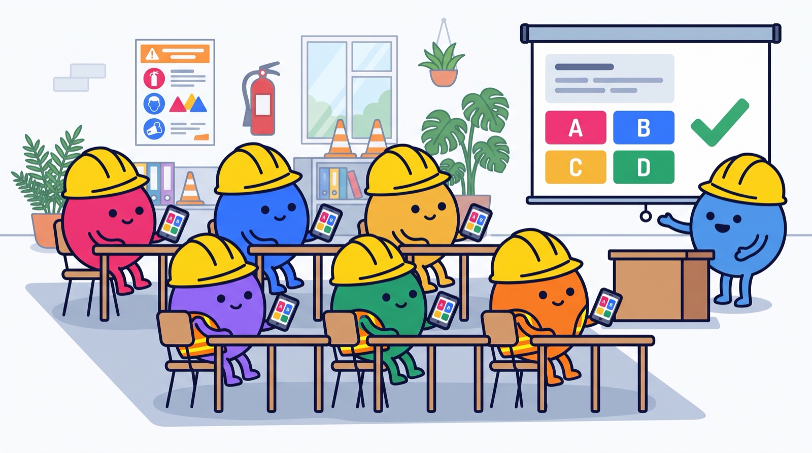 Aula del corso di sicurezza: i personaggi di Quizhat con l'elmetto rispondono al quiz dal telefono mentre il formatore mostra la domanda sullo schermo