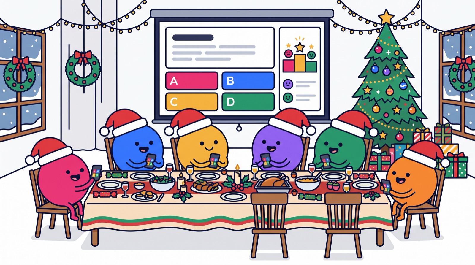 Cena di Natale aziendale: i personaggi di Quizhat con il berretto rosso rispondono dal telefono davanti allo schermo con la classifica